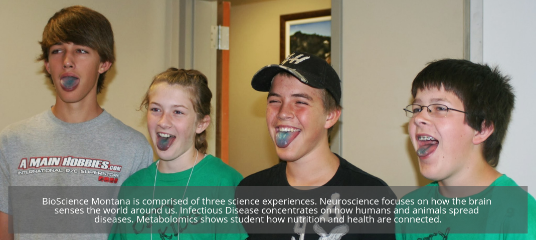 BioScience Montana is comprised of three science experiences. Neuroscience focuses on how the brain senses the world around us. Infectious Disease concentrates on how humans and animals spread diseases. Metabolomics shows student how nutrition and health are connected.