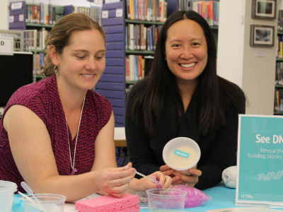 Two women doing a DNA activity.