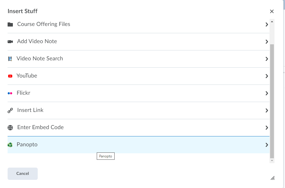 Insert Stuff dialog box with Panopto highlighted