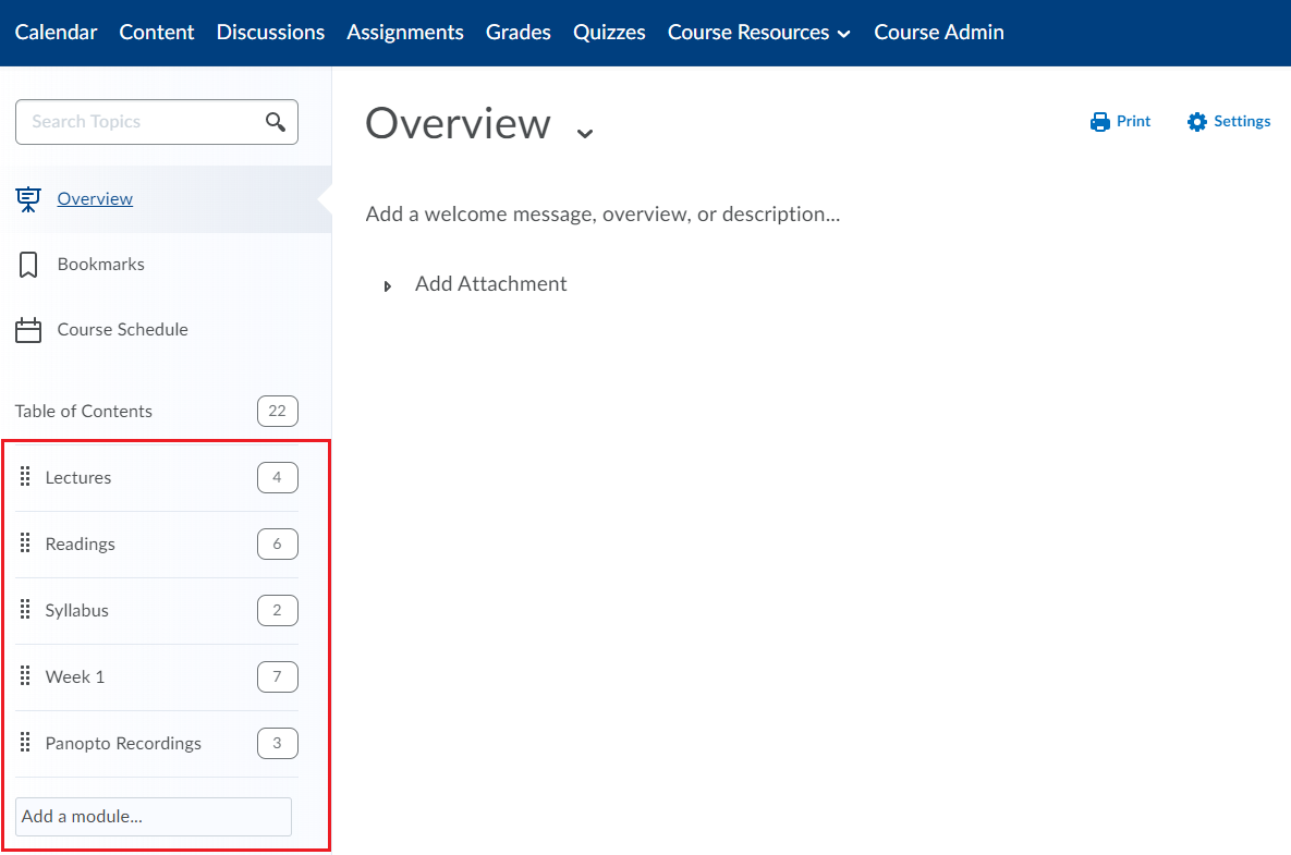 Content overview with modules highlighted