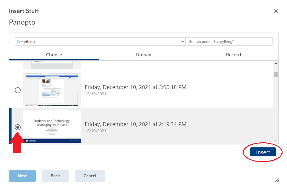 Panopto content window with a recording and the insert button highlighted