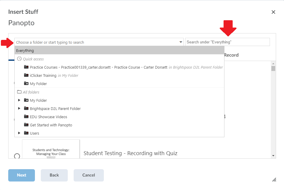 Panopto content window with the folder dropdown and search bars highlighted