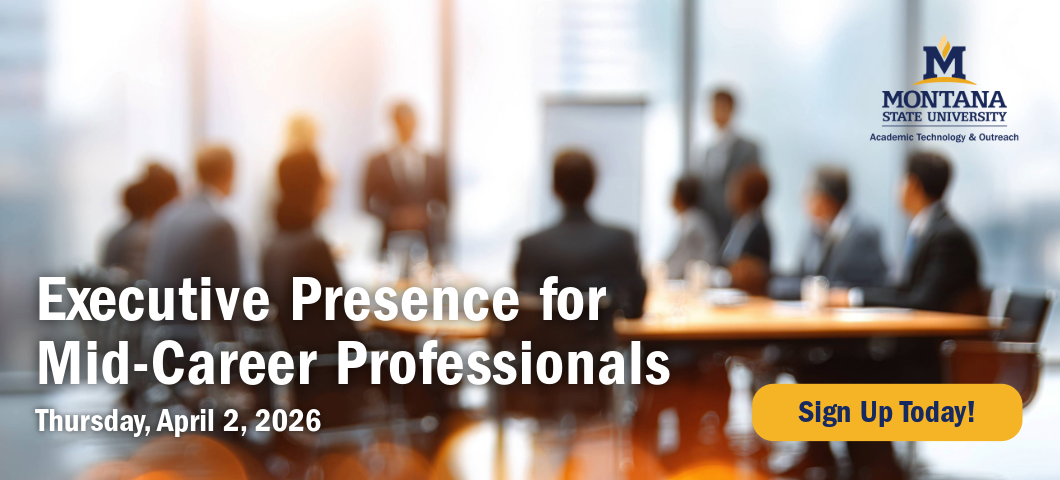 Sign Up Today for Executive Presence for Mid-Career Professionals scheduled for Tuesday, April 2, 2026. Photo of professionals sitting at a conference table.