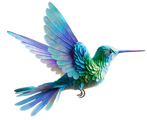 A vibrantly colored, stylized hummingbird with iridescent blue, green, and purple feathers