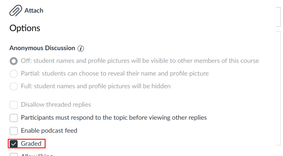 options for discussions in canvas with the graded button outlined in red