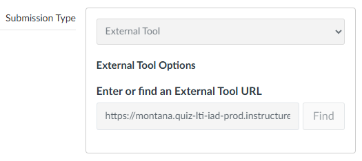 Submission type field in new quizzes with the default choice of external tool selected