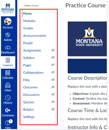 Canvas homepage with the course navigation outlined in red