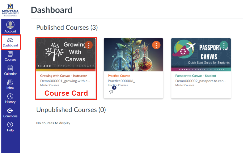 Canvas dashboard with a course card outlined in red