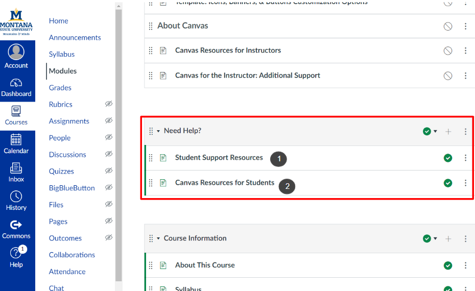 Need help module outlined in red with a number 1 and 2 next to the items listed under the module