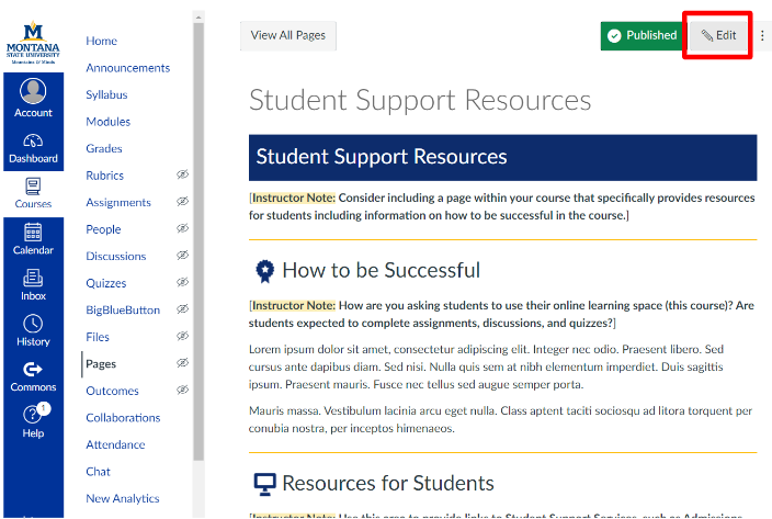 Student Support Resources Page with the edit button outlined in red