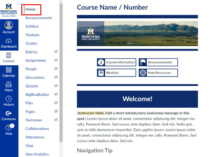 Home link in Course Navigation Menu outlined in red next two Canvas Homepage