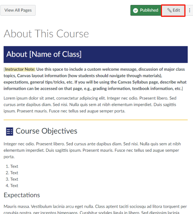 "About this Course" page with the edit button outlined in red. 