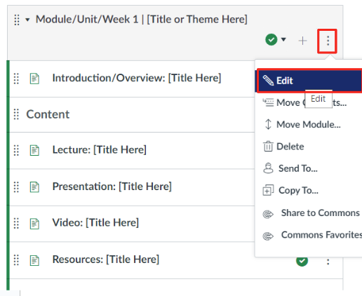 Canvas module showing a drop-down menu with the three dots that prompt the drop down and the edit option outlined in red