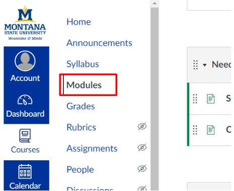 Course navigation menu with Modules outlined in red. 