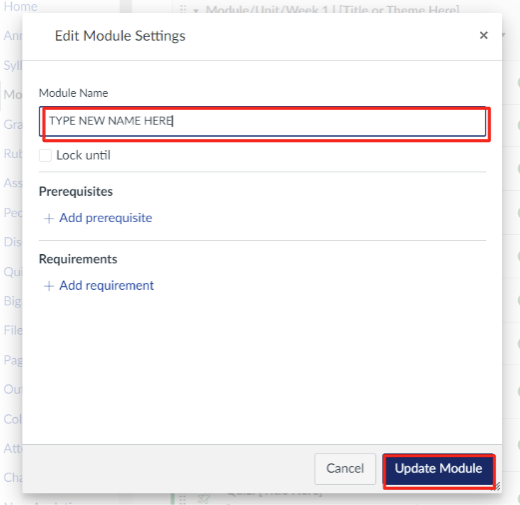 Module settings window displaying the module name field and 'Update Module' button outlined in red.