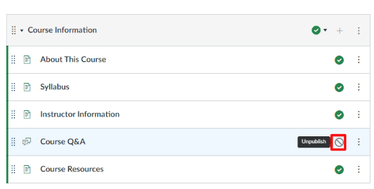 Course information module with unpublished circle outline in red.