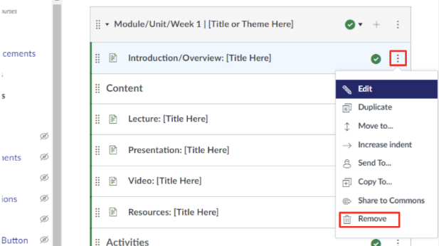 Canvas module showing a drop-down menu with the three dots that prompt the drop down and the remove option outlined in red