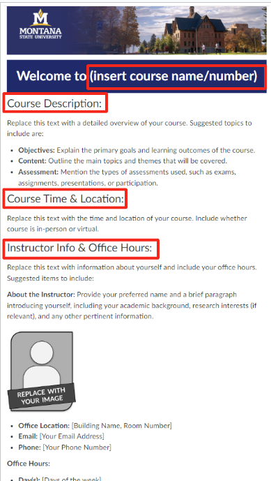 Course Homepage with sections to be filled in by instructor with course information outlined in red 