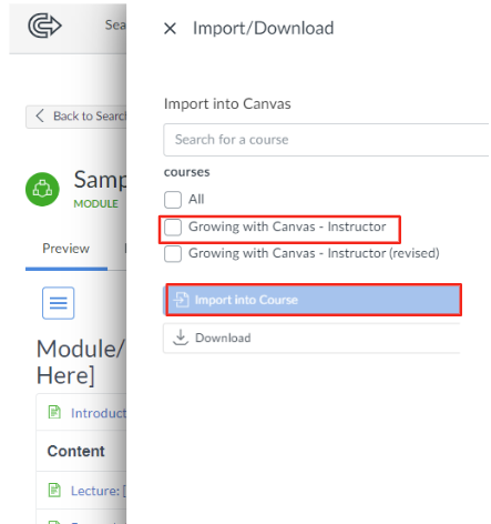 Import/Download page for Canvas Commons, highlighting the course options and the import and download buttons in a red outline.