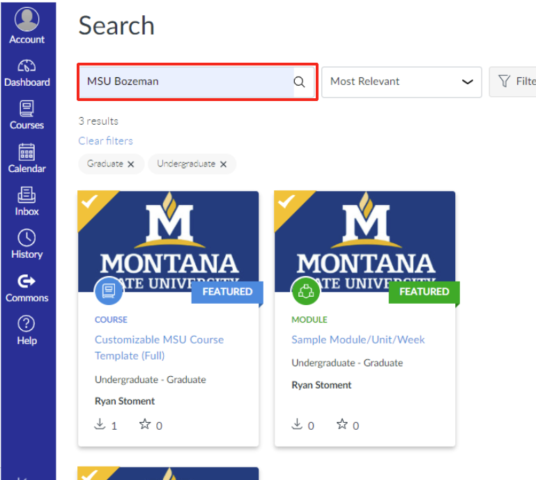 MSU typed into the search field within Canvas Commons