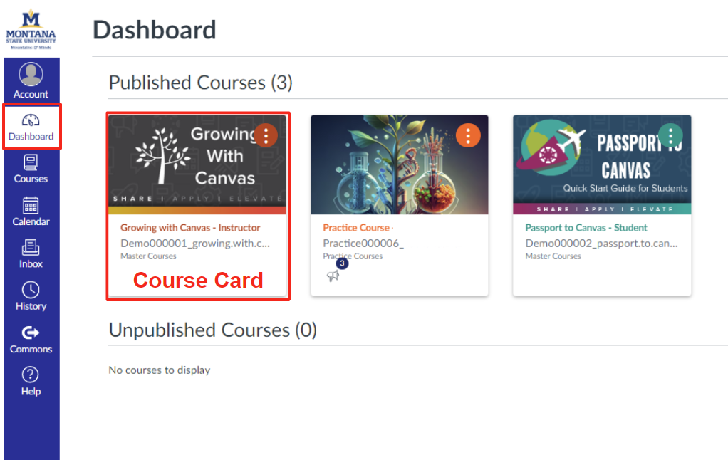 Canvas Dashboard with a course card outlined in red