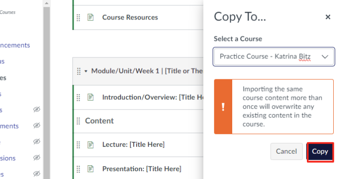 Pop out window from Canvas module with a practice course selected and the copy button outlined in red