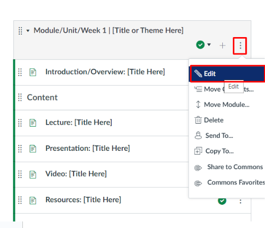 Canvas module showing a drop-down menu with the three dots that prompt the drop down and the edit option outlined in red