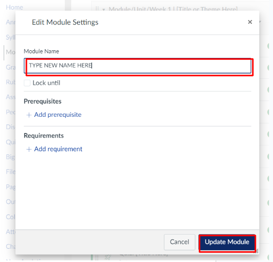 Module settings window displaying the module name field and 'Update Module' button outlined in red.