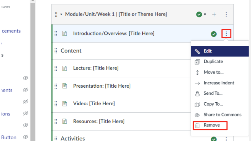 Canvas module showing a drop-down menu with the three dots that prompt the drop down and the remove option outlined in red