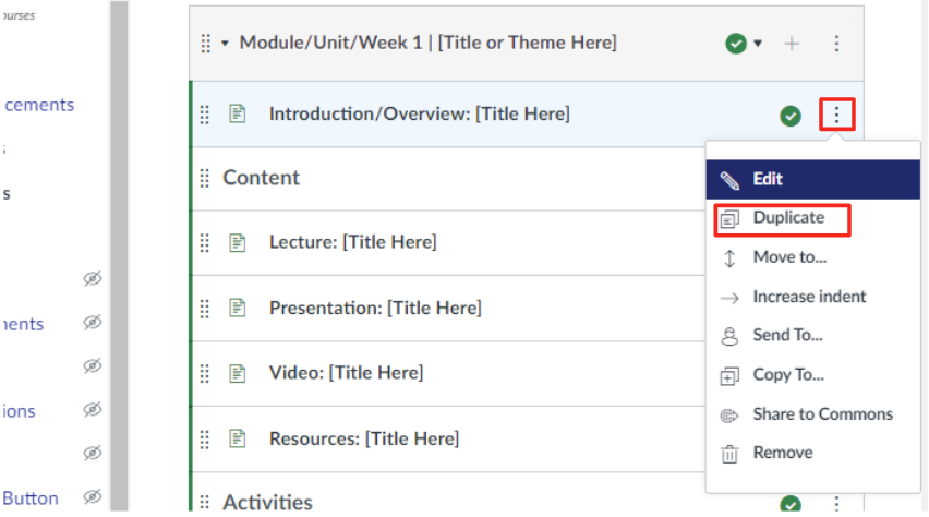 Canvas module showing a drop-down menu with the three dots that prompt the drop down and the duplicate option outlined in red