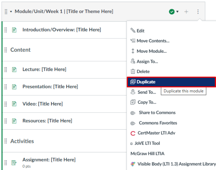 Dropdown menu of module header with duplicate outlined in red