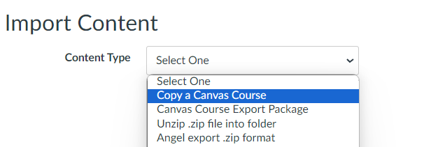 Import content window with dropdown menu options for ”content type” on display