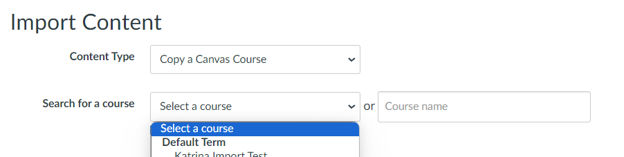 Import Content window with dropdown menu options for ”search for a course” portion on display