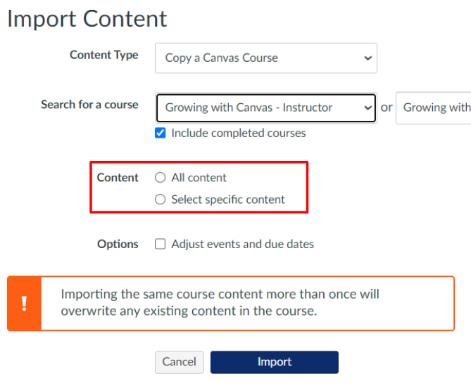 Import Content window with ”content” portion outlined in red