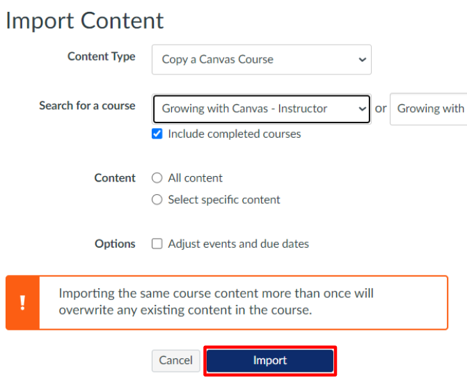 Import content window with import button outlined in red