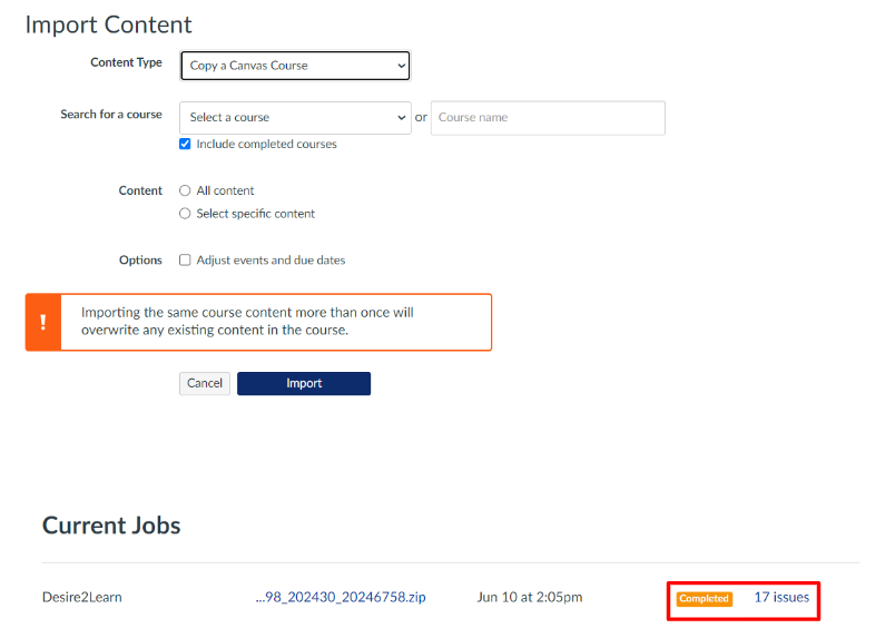 Import content window with current jobs listed and the number of course issues outlined in red