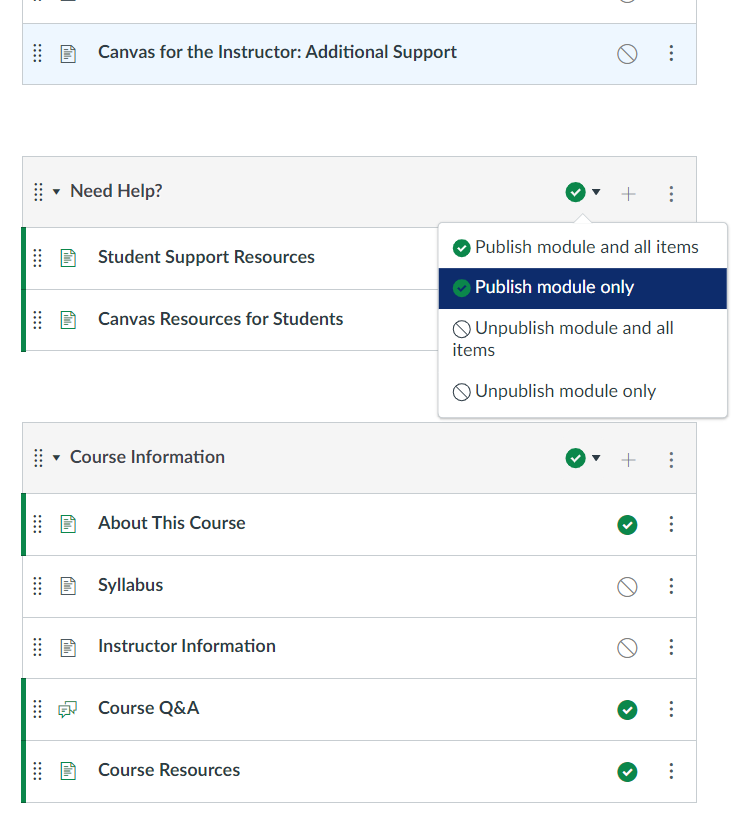 List of modules in course with publish options on display