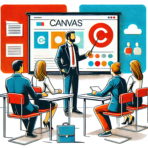 Professional students in a classroom with an instructor and learning Canvas