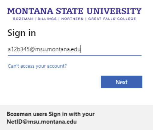 MSU sign in page with a place to type username and blue next button