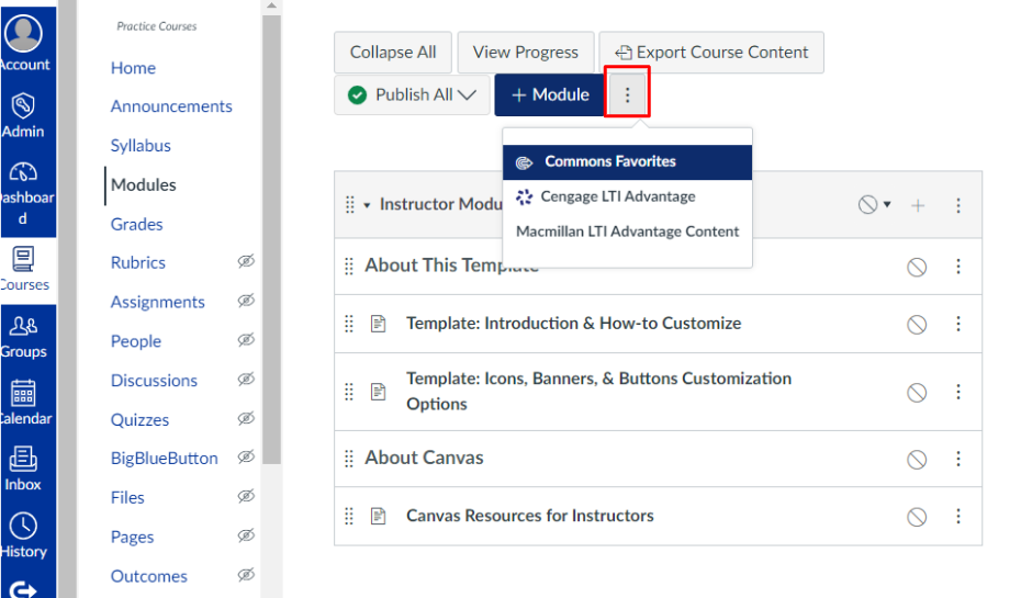 Canvas Modules with the 3 dots next to the "+Modules" button outlined in red