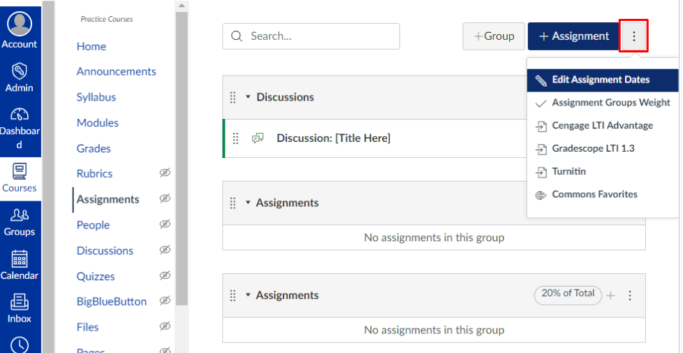 Canvas assignments page with the 3 dots next to the "+Assignments" outlined in red