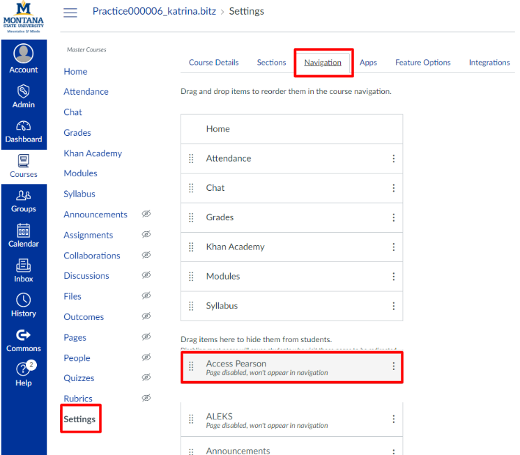 Course settings, Navigation tab, and 'Access Pearson' in the course navigation items are outlined in red on the course settings page.