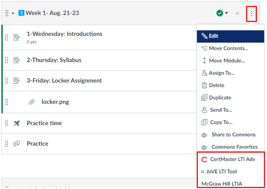 3 dots in the module header outlined in red and dropdown with LTI tools outlined in red at the bottom of the dropdown