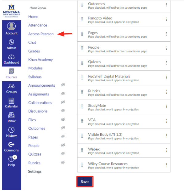 Course navigation with the save button outlined in red