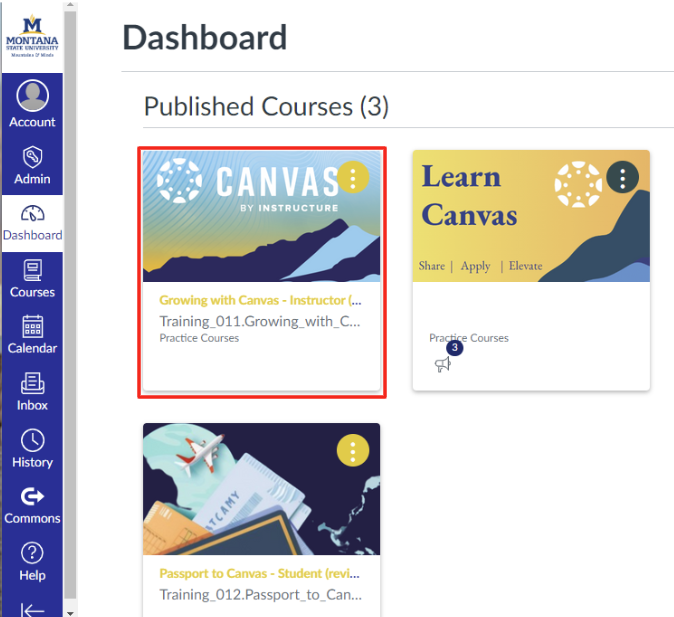 The Canvas dashboard displays two course cards and the global navigation menu, with the "Growing with Canvas" course card outlined in red.