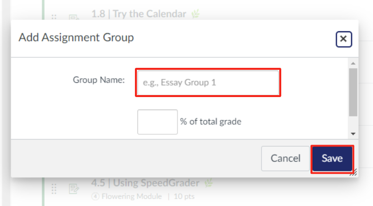 Canvas popup window to add an assignment group, with fields for group name and percentage of total grade.