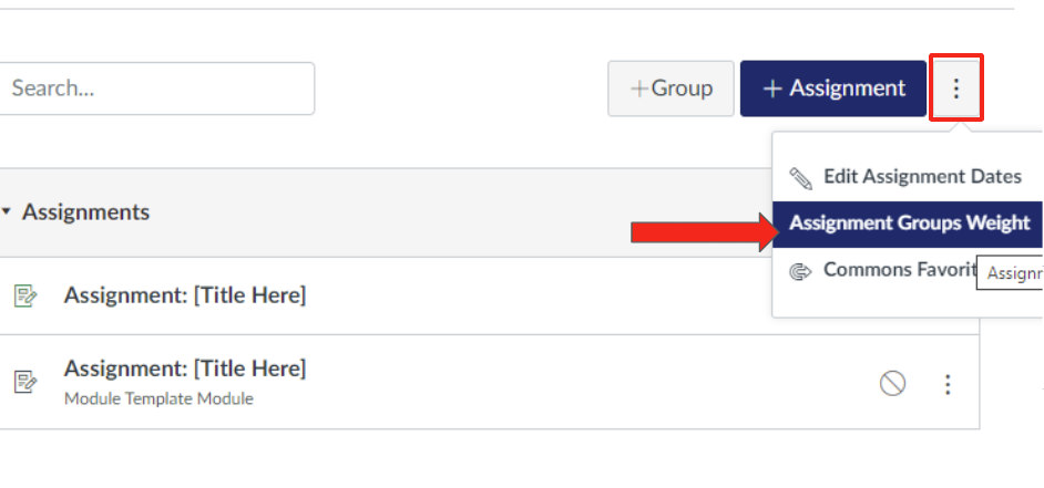 Canvas interface showing the dropdown menu to select 'Assignment Groups Weight' from the assignments section.