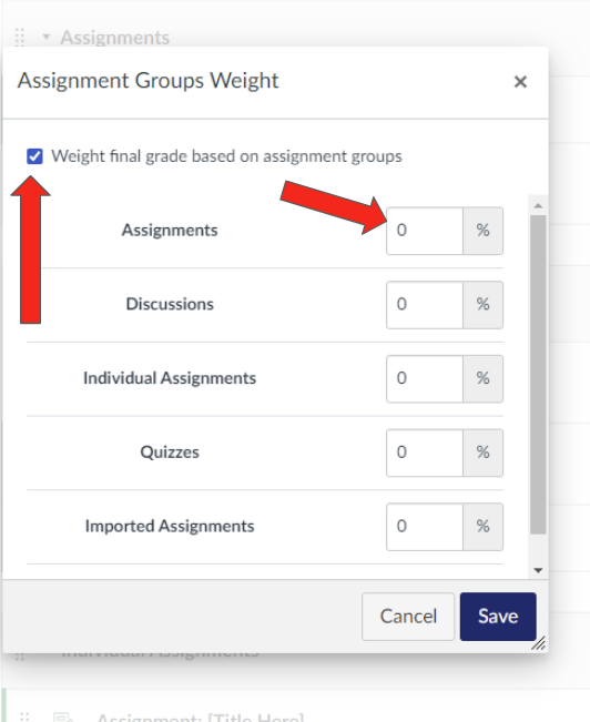 Canvas popup window to set the weight percentages for different assignment groups.