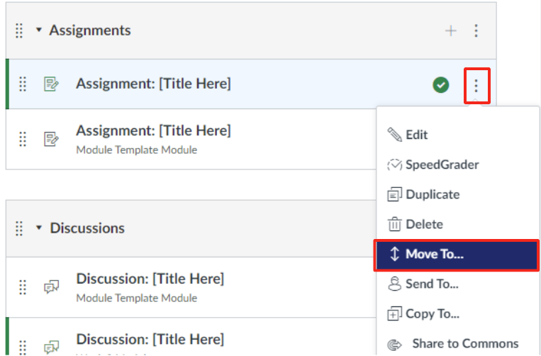 Canvas interface showing the option to move an assignment to a different group using the three dots menu.