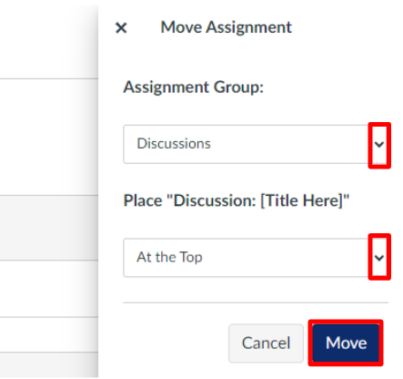 Canvas popup window to move an assignment, with options to select the assignment group and position within the group.